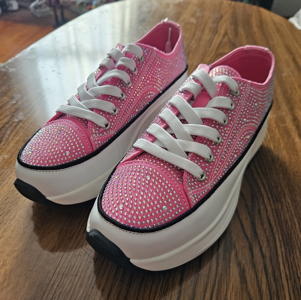 Pink Rhinestone Platform Lace-Up Sneakers for Women